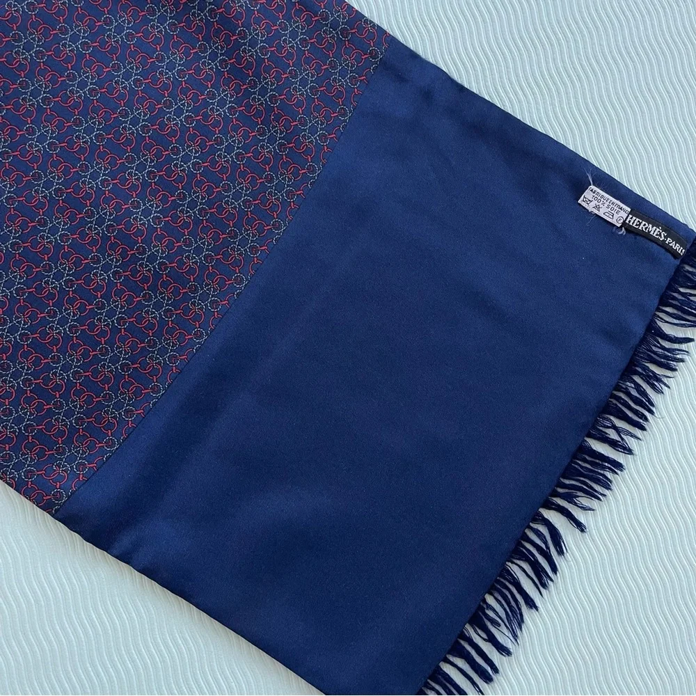 Hermes Paris Silk/Wool/Cashmere Navy Blue Jacquard Scarf